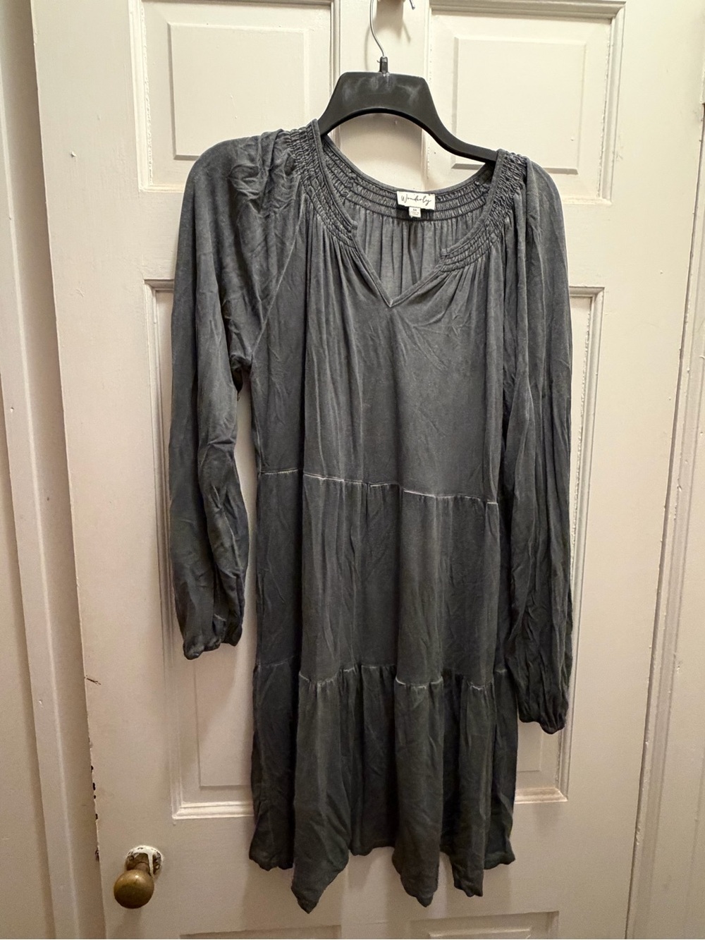 Wonderly Charcoal Gray Tiered Long-Sleeve Boho Dress